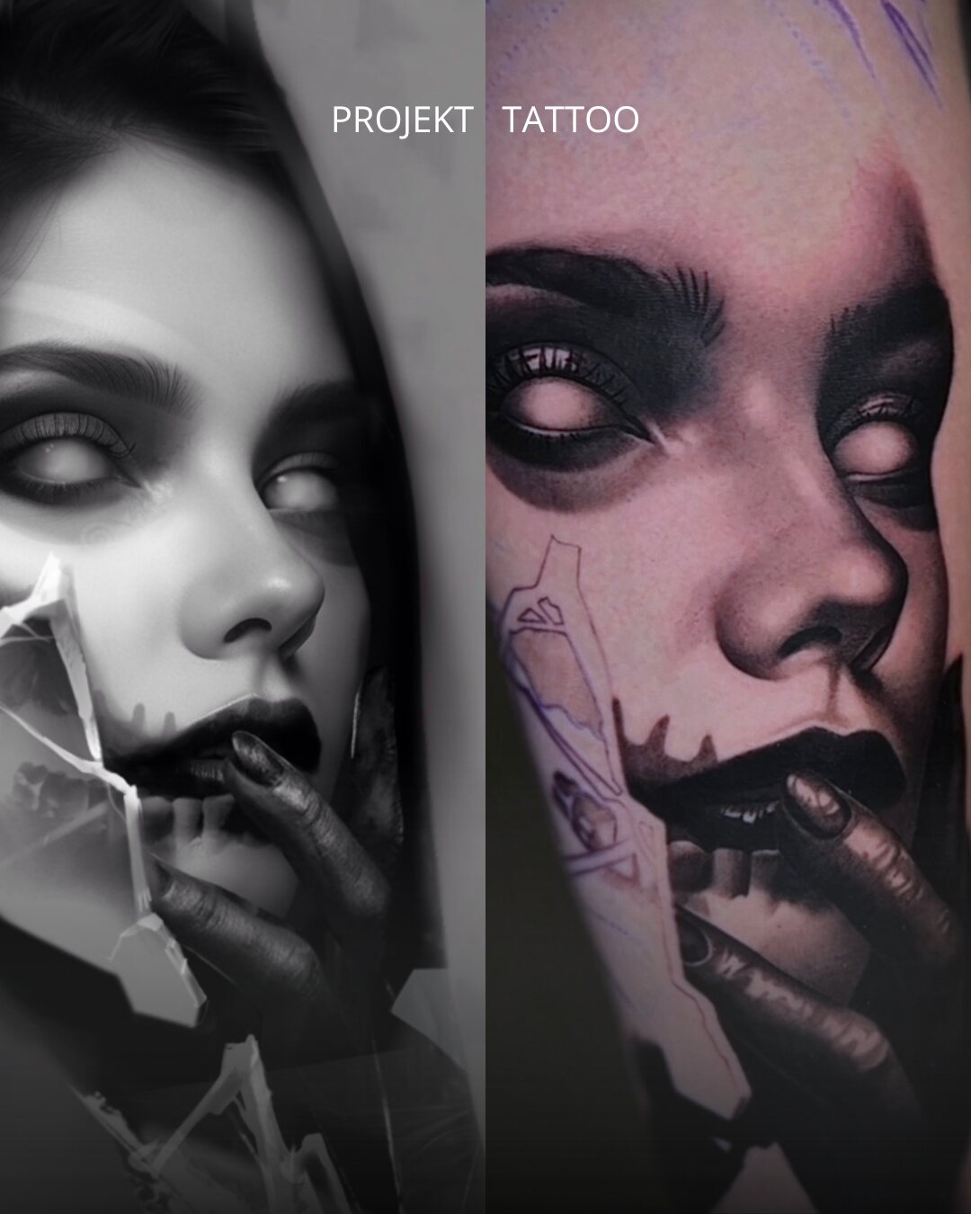 Porównanie projektu i gotowego tatuażu — realizm black and grey